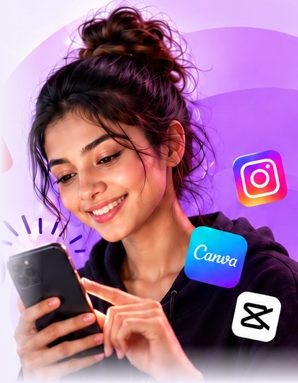 Student creating content on a phone